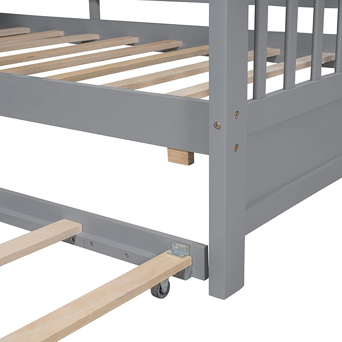Harper & Bright Designs Twin Size Modern House Bed with Roof, Wooden Twin Kids House Bed Frame with Trundle and Storage Shelf, Gray