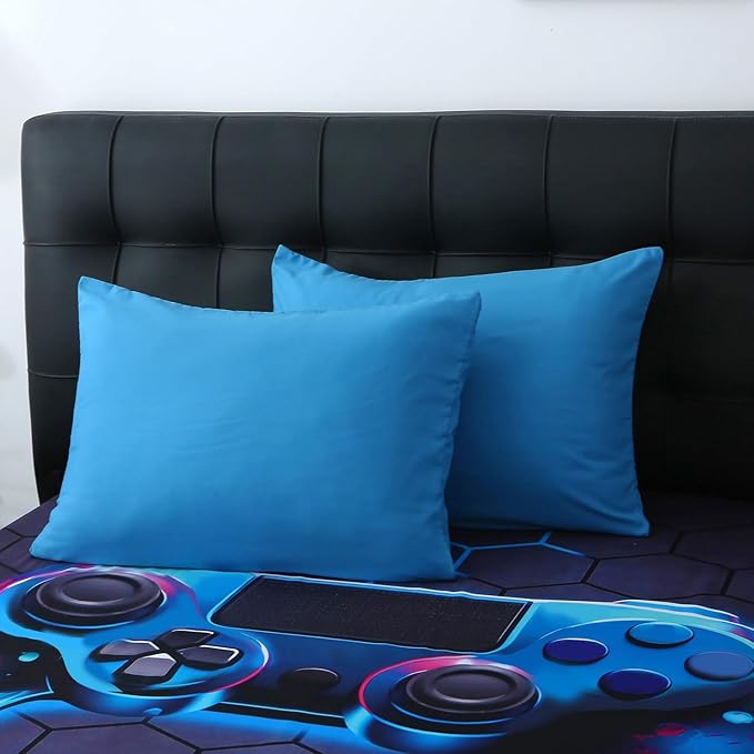 Wajade Game Console Comforter Set for Boys 7 Piece Blue 3D Gaming Geometric Bedding Sets for Kids Queen Size as Birthday with Comforter, Sheet Set, Pillowcase and Sham