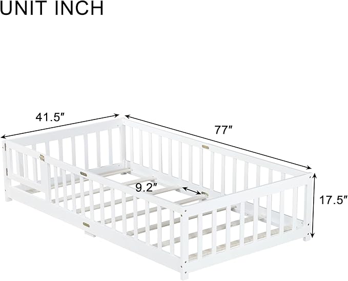 Twin Size Floor Bed for Kids, Wood Montessori Floor Beds with Fence Railings, Door & Slats Support, Twin Playhouse Bed Frame for Boys Girls, No Box Spring Needed, White