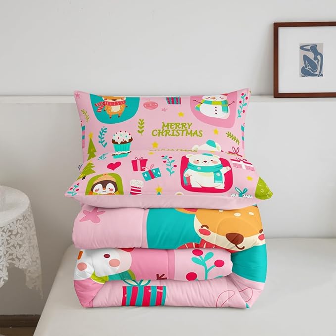 Erosebridal Christmas Cartoon Bedding Set for Kids Cute Snowman Bear Comforter Set King Size Xmas Tree Deer Elk Reversible Quilts Kawaii Penguin Animal Duvet Insert Room Decor