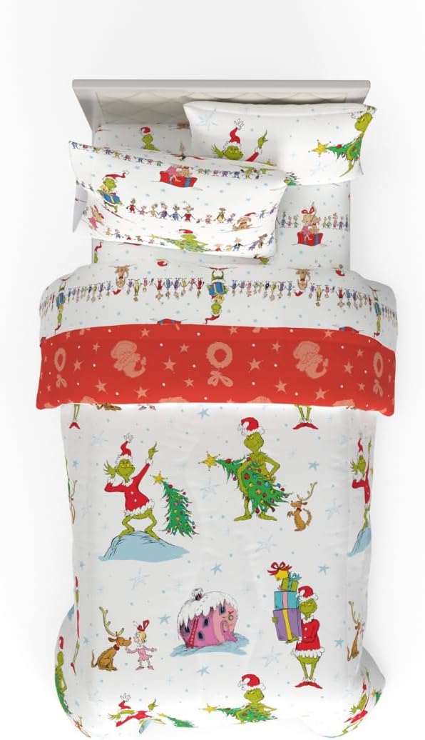 Grinch by Dr. Seuss Holiday & Christmas Bedding Soft Comforter and Sheet Set with Sham, 5 Piece Twin Size, (Official Dr. Seuss Product) by Franco