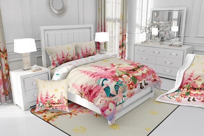 jejeloiu Merry Christmas Comforter Set Queen Size Santa Claus Bedding Set for Kids Boys Girls Cute Deer Duvet Quilt Beige Bedroom Decor