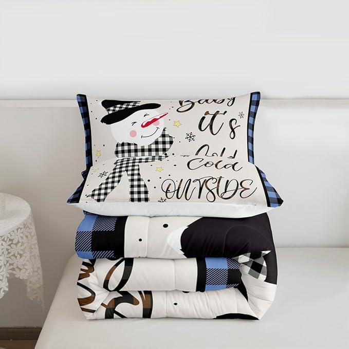 Christmas Snowman Kids Comforter Set King Size,Snowflake Christmas Holiday Bedding Set,Girls Boys Adults Xmas Decor,Geometric Grids Lattices Down Comforter,Blue Rustic Duvet Insert,2 Pillowcases