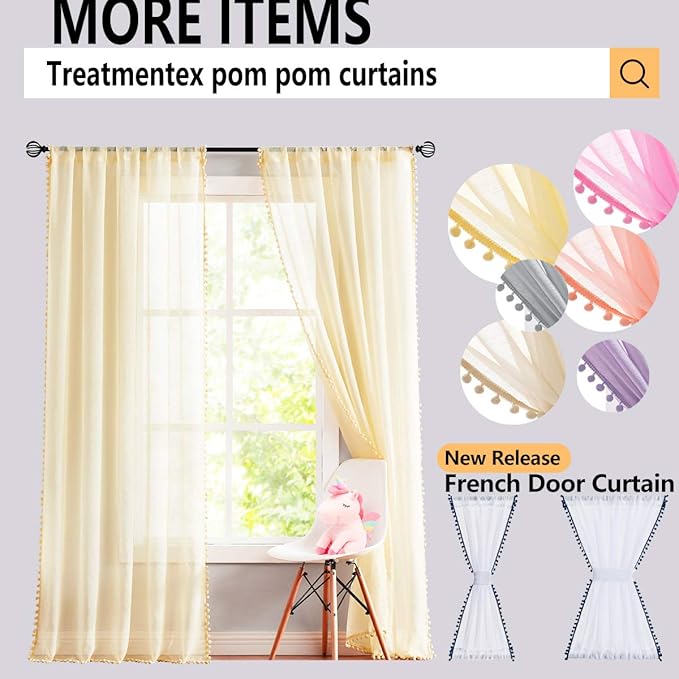 Treatmentex Pom-Pom Sheer Curtains for Living-Room Sage Green 84inch Slub Linen Textured Forest Sage Sheer Drapes for Birthday Party Décor 52" w, 2 Panels Rod Pocket
