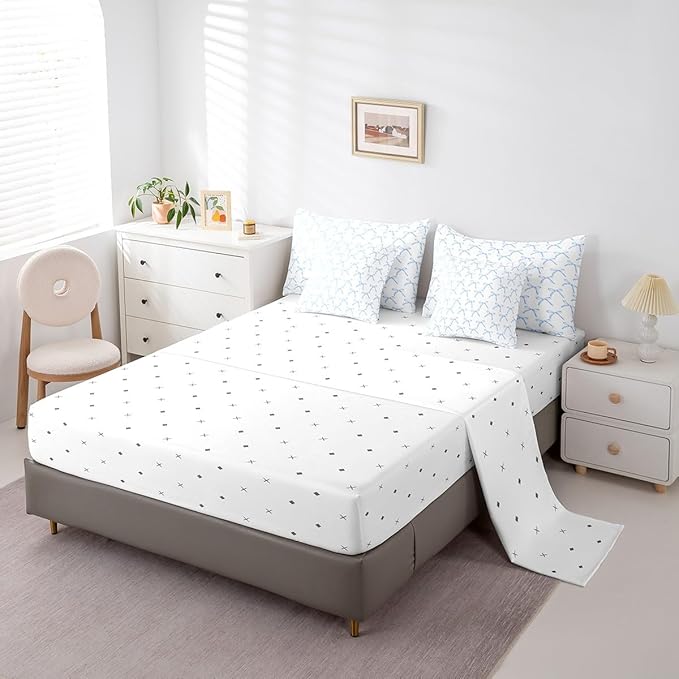 7 Pieces Cartoon Bowknot Kids Comforter Queen Size,Bow Tie Knot Geometric Patchwork Fashion Bedding Set,Hand-painted Sketch Blue Noble（Comforter+Fitted+Flat+2 Pillowcases+2 Throw Pillow Covers）