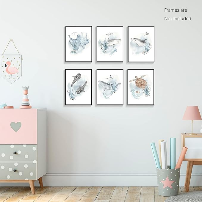 Wodkwq Nursery Wall Art Sea Animal Canvas Prints Baby Girl Boy Room Decor Watercolor Paintings Pictures Cute Ocean Theme Toddler Room Decoration Set of 6 for Kids Bedroom Bathroom 12x16in Unframed