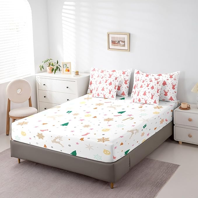 Feelyou Merry Christmas Bed in a Bag for Boys Girls Deer Silhouette Antler Cute Wildlife Bed Set Xmas Tree Snowflake Comforter Set with Sheets Pink Bedding Set Bedroom Collection Twin Size