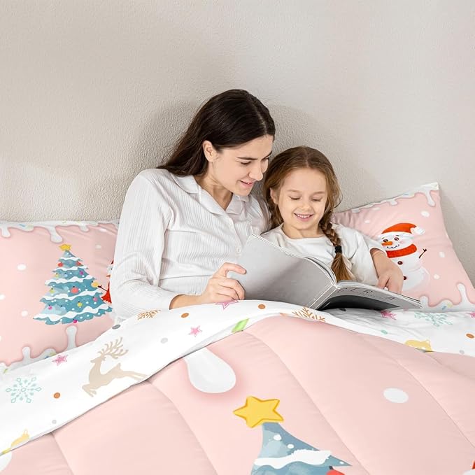 Castle Fairy Cartoon Christmas Comforter Set King Size,Xmas Cute Snowman Pine Trees Bedding Set All Season Quilt Set,Pink Cream Candy Girly Funny Microfiber Polyester Down Comforter