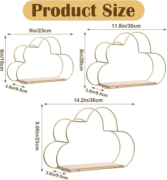 Golden Cloud Shape Floating Shelves Wall Decor,Gold Metal Wire and Wood Base Wall Mounted Shelf Decorations for Home Bedroom Living Room Set of 3