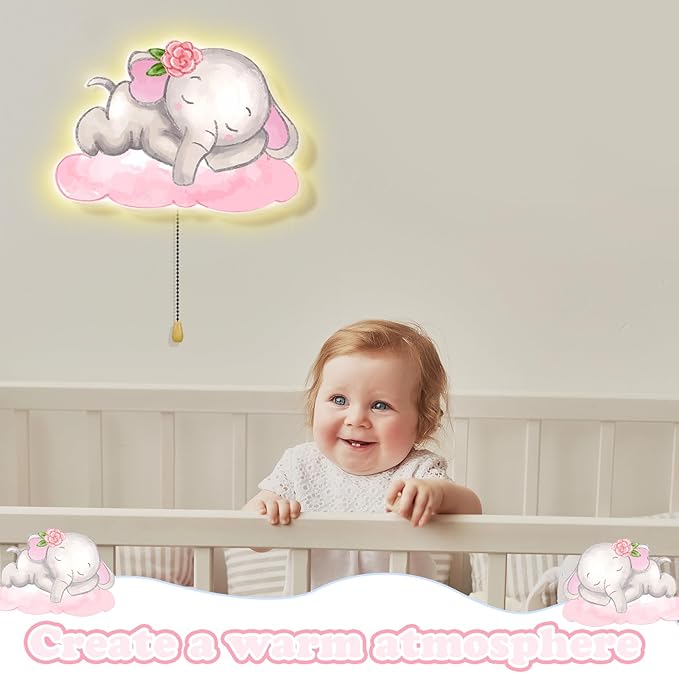 Elephant Night Light Wall Lamp Sleeping Nursery Lighting Cute Floating Battery Operated Hanging Lamp for Baby Boys Girls Bedroom Room Nursery Wall Decorations