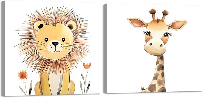 Baby Animal Framed Canvas Wall Art Set of 2 - Cute Baby Lion Giraffe Paintings Posters Woodland Animals Pictures Prints for Kids Room Bedroom Decor(Artwork-03, 24"x24"x2P)