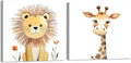 Baby Animal Framed Canvas Wall Art Set of 2 - Cute Baby Lion Giraffe Paintings Posters Woodland Animals Pictures Prints for Kids Room Bedroom Decor(Artwork-03, 24"x24"x2P)