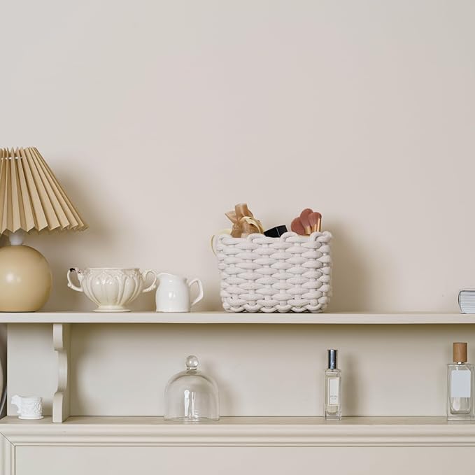 Small Storage Square Basket for Organizing, Cute Bedside Caddy for Little Items, Cotton Rope Woven Basket for Shelves, Bathroom, Dresser Top, Desk, Minimalist Chic Design for Nursery, Bedroom, Office