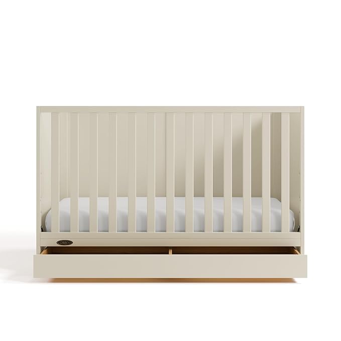 Graco Theo Convertible Crib with Storage Drawer (Frosted Oat) – GREENGUARD Gold Certified Wooden Baby Crib with Drawer, Converts to Toddler Bed, Fits Standard Crib Mattress