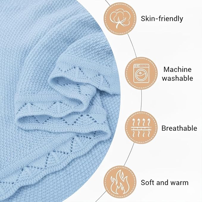 Baby Knit Blanket Soft Breathable Cotton Scallop Border Blankets Newborn Knitted Blanket Swaddle Blankets Gifts for Baby Newborn Toddler Shower Boy Girl New Mom Birthday Christmas Blue 28x36