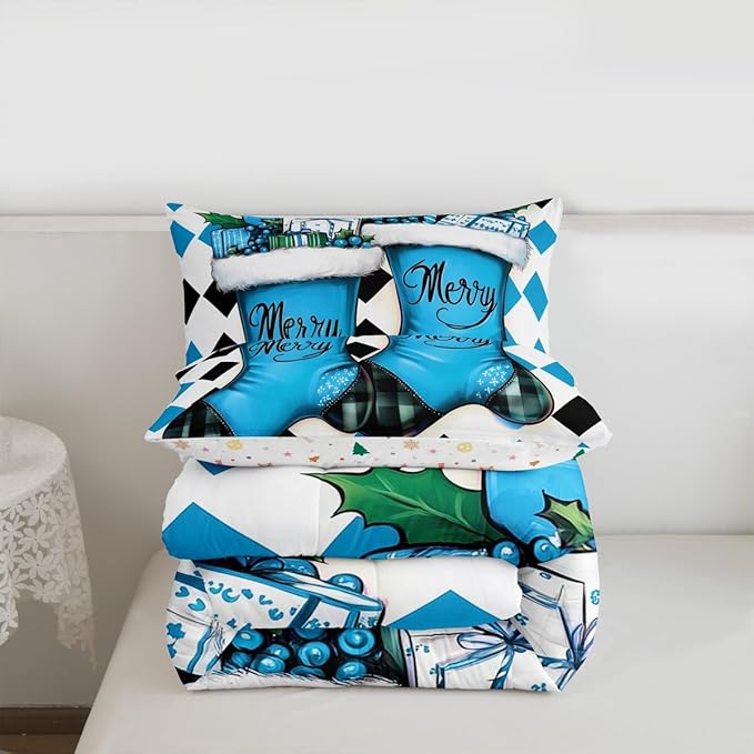 Feelyou Merry Christmas Kids Comforter Set Full Size Cartoon Shoes Bedding Set Duvet Quilt for Kids Boys Girls Bedroom Winter Decor Microfiber Ultra Soft Breathable