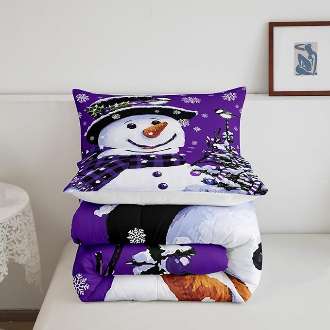 Feelyou Kids Christmas Theme Decorations Bedding Set Xmas Snowman Comforter Set for Boys Girls Snowflake Kawaii Cute Comforter Purple Quilt Set Bedroom Collection Toddler Size