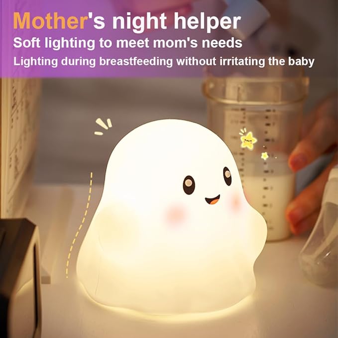 Ghost Night Light for Kids,Halloween Night Light with 13 Interactive Sound Effects ,Cute Silicone Light with 3 Levels of Brightness,Suitable for Indoor Halloween Decorations and Family (white ghost)