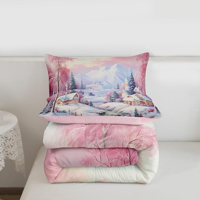 Feelyou Merry Christmas Kids Comforter Set Toddler Size Village Barn Bedding Set Winter Snowscape Duvet Quilt for Kids Boys Girls Bedroom Pine Tree Decor Microfiber Ultra Soft Breathable