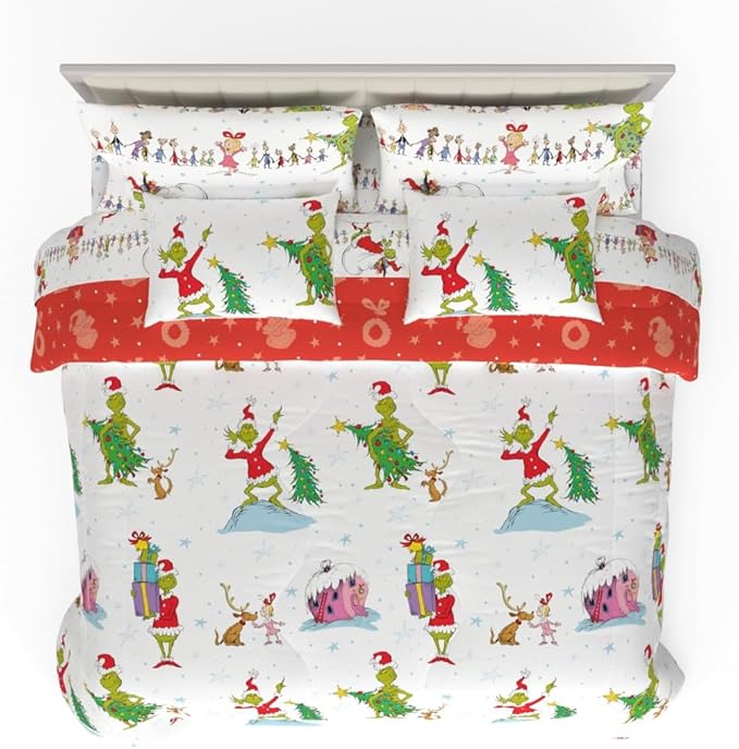 Grinch by Dr. Seuss Holiday & Christmas Bedding Super Soft Comforter and Sheet Set with Sham, 7 Piece King Size (Official Dr. Seuss Product) by Franco