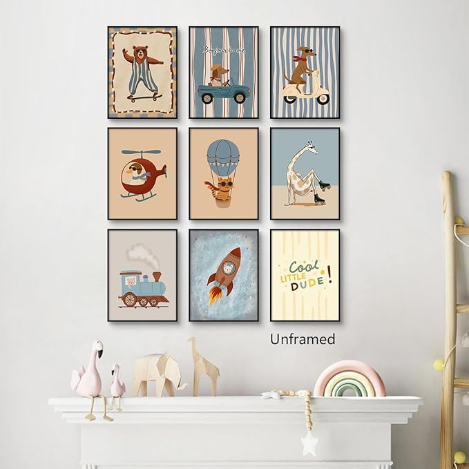 9 Pieces Nursery Animals Canvas Wall Art, Kids Room Cute Bear Dog Cat Giraffe and Bunny Picture, Skateboard Cars Rocket and Hot Air Balloon Poster for Boys Bedroom Playroom 8x12in Unframed