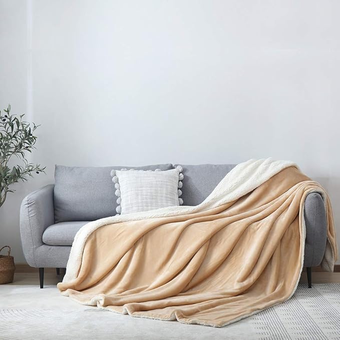 NANPIPER Bed Blanket Reversible Sherpa Flannel Blanket Super Soft Fuzzy Plush Fleece Microfiber (90"x90" Beige) Queen