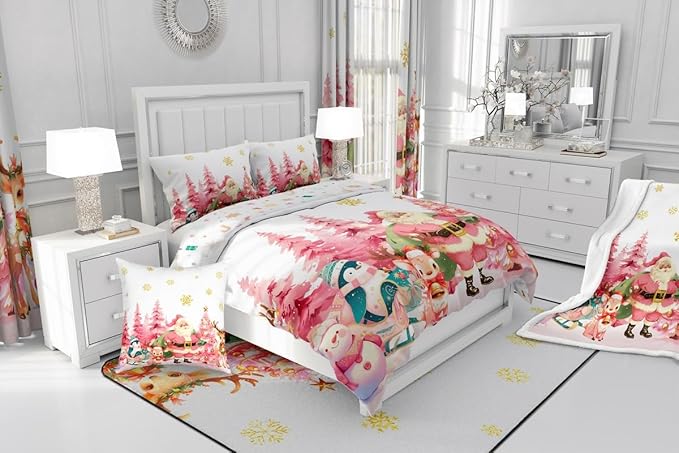 jejeloiu Merry Christmas Comforter Set Queen Size Santa Claus Bedding Set for Kids Boys Girls Cute Deer Duvet Quilt White Bedroom Decor
