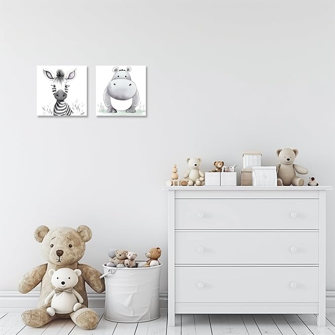 Baby Animal Framed Canvas Wall Art Set of 2 - Cute Baby Zebra Hippo Paintings Pictures Nursery Decor Wild Animals Posters Prints for Living Room Kids Room Decor(Artwork-01, 12"x12"x2P)