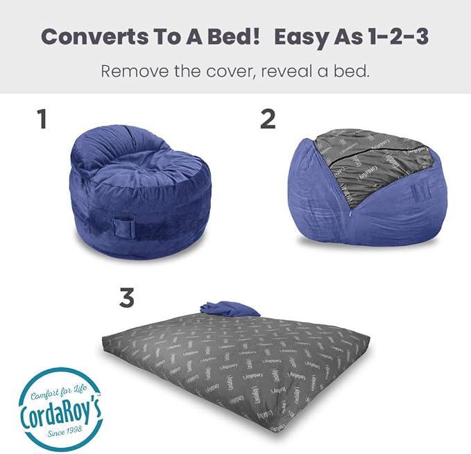 CordaRoy's NEST Gaming Bean Bag Chair-Convertible Bean Bag Chair -Washable Chenille Cover with Pockets for Remote,Controllers-for Living Room,Basement-Queen Size-Navy|Made in The USA
