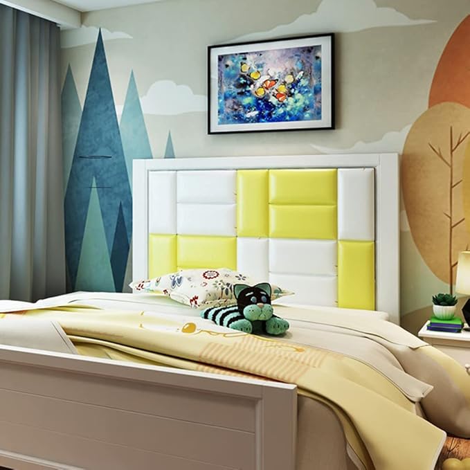 3D Anti-Collision Wall Padding for Kids, Peel and Stick Upholstered Wall Panels, Queen Headboard, Playroom Decorative Protection Panel, Pack of 2 Panels Sized 23.6” X 11.8” (Yellow)