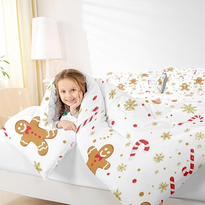 Feelyou Cute Gingerbread Man Comforter Set Twin Size Candy Cane Bedding Set for Kids Boys Girls Golden Snowflake Duvet Quilt Christmas Pattern Bedroom Decor Festive Design 2 Pcs with 1 Pillow Cases