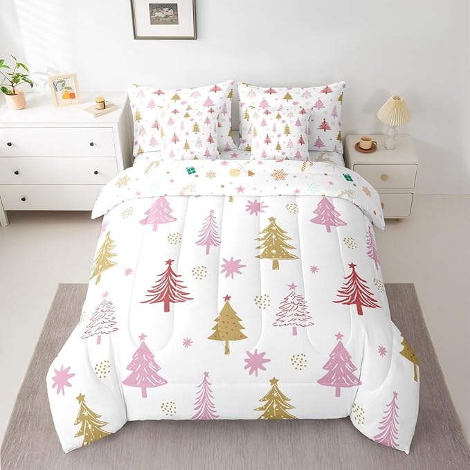 Erosebridal Merry Christmas Bedding Set King Cartoon Pink Christmas Comforter Set 7 Piece Kids Cute Xmas Tree Bed in A Bag for Adults Winter New Year Gift Quilt with Flat Fitted Sheet