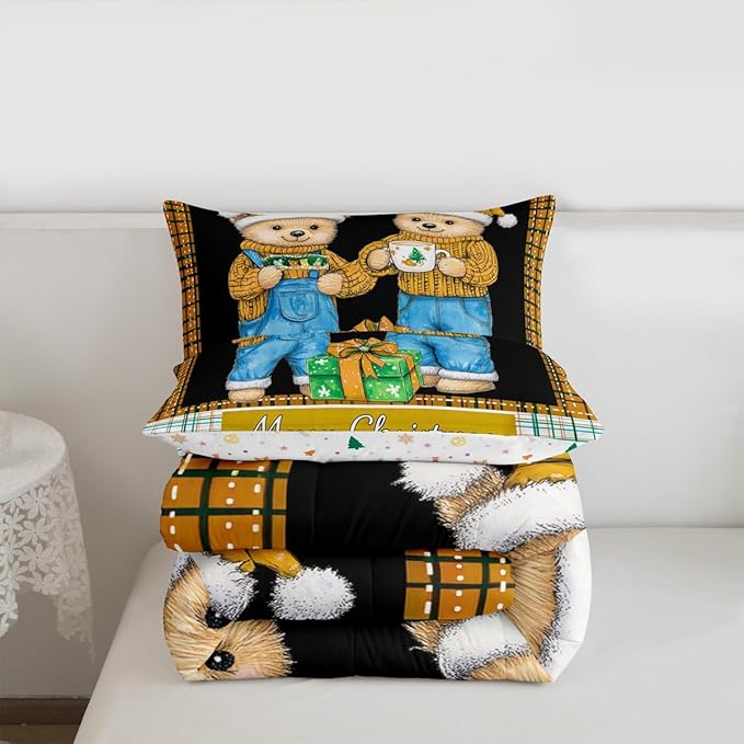 Feelyou Merry Christmas Comforter Set All Season Cute Bear Bedding Set with 2 Pillow Cases Microfiber Kids Full Bedclothes Winter Bedroom Decor Duvet Quilt Breathable Soft