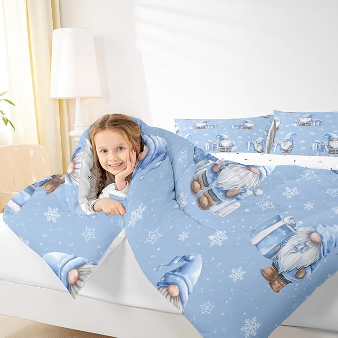 Feelyou Blue Christmas Comforter Set Queen Size Scandinavian Christmas Santa Gnomes Bedding Set for Kids Boys Girls Xmas Snowflake Duvet Quilt Bedroom Decor 3 Pcs with 2 Pillow Cases