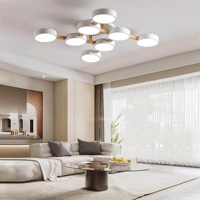 LED Flush Mount Ceiling Light Fixture with 3000K/4000K/6000K Temperatures Selectable,44Inch 96W Chandelier Modern Wood Ceiling Lamp for Bedroom Kitchen, 8-Lights Indoor Lighting White Pendant Light