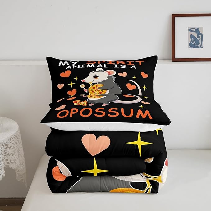 Pizza Candy Dessert Comforter Set with 2 Pillowcases,Cartoon Animal Theme Super Soft Microfiber Bedding Set for Adults Teens,Cute Opossum Duvet Set for Room Decor,King