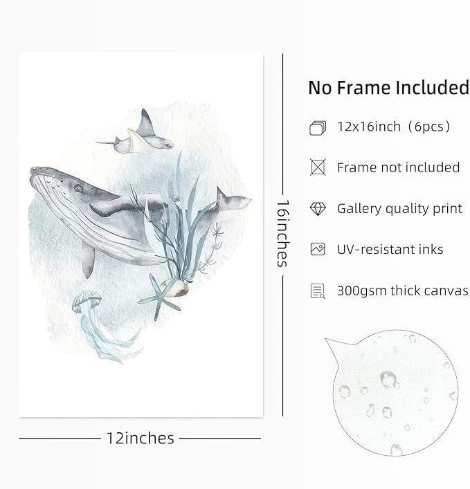 Wodkwq Nursery Wall Art Sea Animal Canvas Prints Baby Girl Boy Room Decor Watercolor Paintings Pictures Cute Ocean Theme Toddler Room Decoration Set of 6 for Kids Bedroom Bathroom 12x16in Unframed