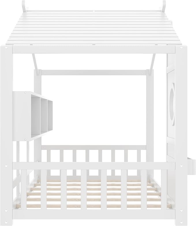 Twin Size Floor House Bed with Roof and Window for Kids, Wooden Playhouse Bed with Storage Shelves for Bedroom Furniture Girls & Boys (White/L2, Twin)