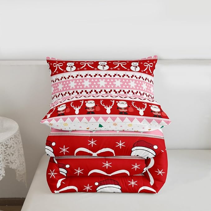 Feelyou Merry Christmas Tree Kids Comforter Set Full Size Cute Snowman Bedding Set Santa Claus Duvet Quilt for Kids Boys Girls Bedroom Cartoon Bowknot Decor Microfiber Ultra Soft Breathable