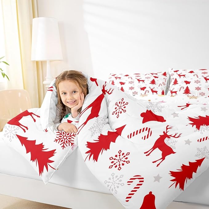 Feelyou Merry Christmas Bedding Set Soft for Boys Girls, Xmas Tree Reindeer Comforter Set Full Size Candy Cane Bell Duvet Quilt Microfiber Snowflake Bedroom Decor 3 Pcs with 2 Pillow Cases