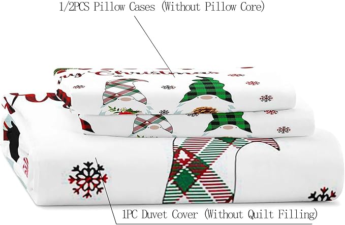 LUVIVIHOME 2PCS Christmas Gnome Duvet Cover Twin, Christmas Bedding, White Duvet Cover, Holiday New Year Santa Claus Snowflake Black Red Checkered Buffalo Plaid Comforter Quilt Cover, 1 Pillow Case
