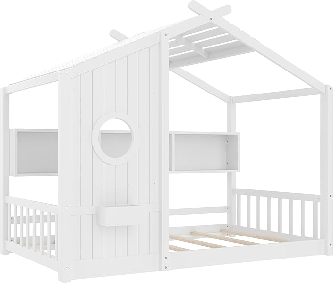 Twin Size Floor House Bed with Roof and Window for Kids, Wooden Playhouse Bed with Storage Shelves for Bedroom Furniture Girls & Boys (White/L2, Twin)