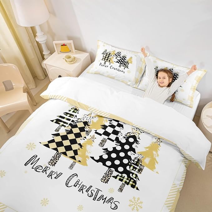 Manfei Xmas Tree Duvet Cover Set King Size, Yellow Plaid Grid Snowflake Comforter Cover with 2 Pillowcases, Christmas Theme Bedding Set for Kids Girls Room Decor New Year Bedspread Cover, No Comforter