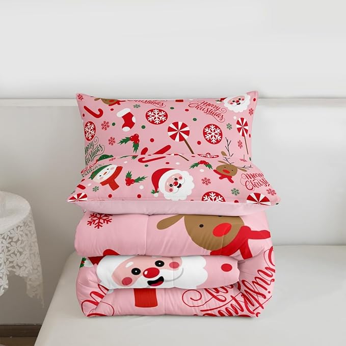 Feelyou Merry Christmas Kids Comforter Set Queen Size Santa Claus Snowman Bedding Set Deer Berries Duvet Quilt for Kids Boys Girls Bedroom Snowflake Decor Microfiber Ultra Soft Breathable