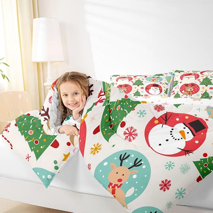 Feelyou Christmas Bedding Set Soft for Boys Girls, Santa Snowman Comforter Set Queen Size Deer Xmas Tree Duvet Quilt Microfiber Snowflake Bedroom Decor 3 Pcs with 2 Pillow Cases