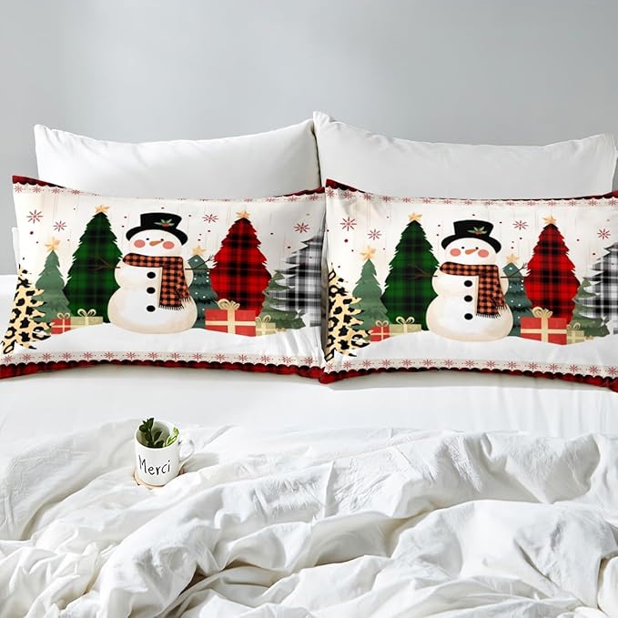 Manfei Snowman Duvet Cover Set Queen Size, Xmas Leopard Plaid Trees Snowflake Comforter Cover with 2 Pillowcases, Christmas Theme Bedding Set 3pcs for Kids Girl New Year Bedspread Cover,No Comforter