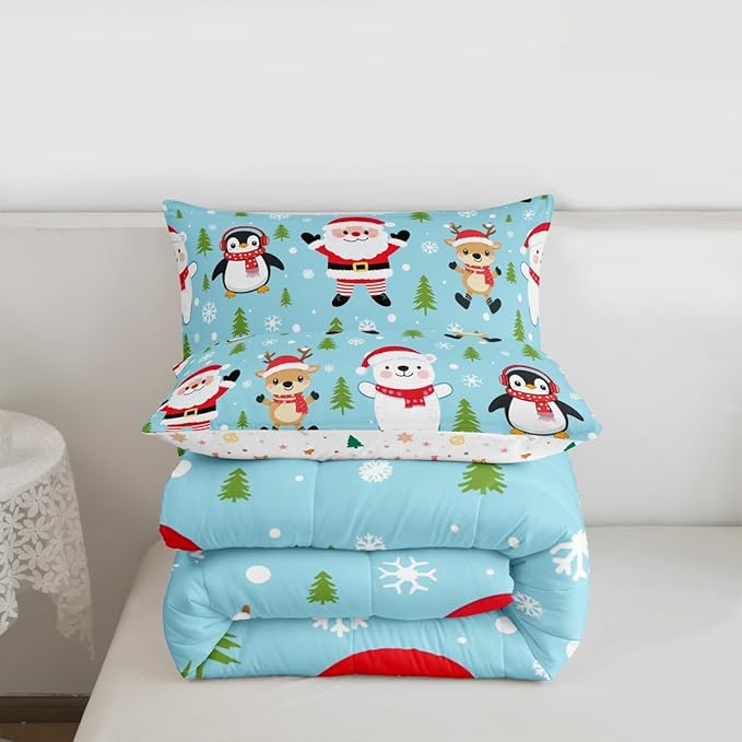 Feelyou Christmas Comforter Set Twin Size Santa Claus Bedding Set for Kids Boys Girls Penguin Deer Duvet Quilt Xmas Snowflake Tree Bedroom Decor Microfiber 2 Pcs with 1 Pillow Cases
