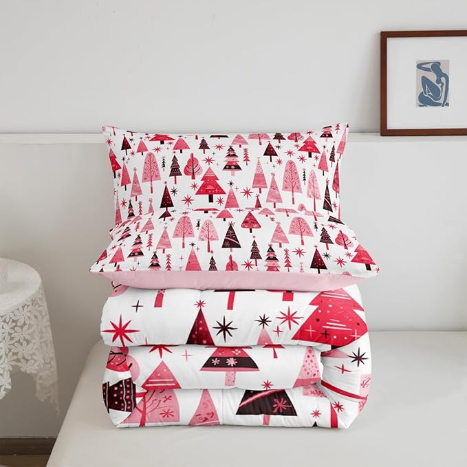 Manfei Pink Xmas Trees Comforter Set Full Size, Christmas Theme Bedding Set 3pcs for Kids Boys Girls Adults Room Decor, Happy New Year Down Comforter Soft Polyester Quilt Set with 2 Pillowcases