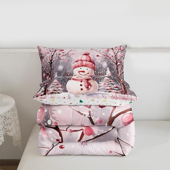 Feelyou Cute Snowman Comforter Set All Season Christmas Tree Bedding Set with 1 Pillow Cases Xmas Snowflake Microfiber Kids Toddler Bedclothes Pink Scarf Bedroom Decor Pink Winter Scene Duvet Quilt