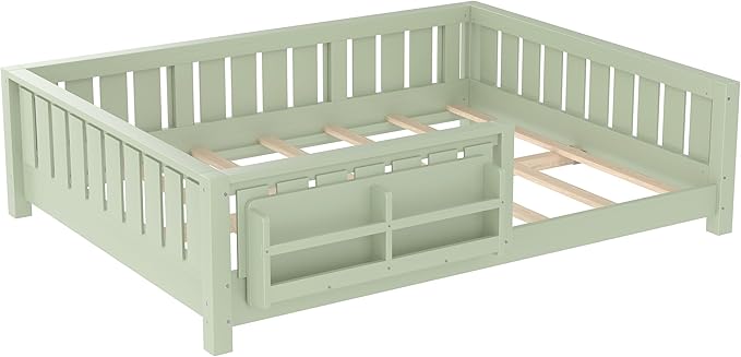 Bellemave Full Size Floor Bed with high Rails and with Built-in Bookshelf for Kids, Girls, Boys, Wood Montessori Floor Bed Without Door, Avocado Green